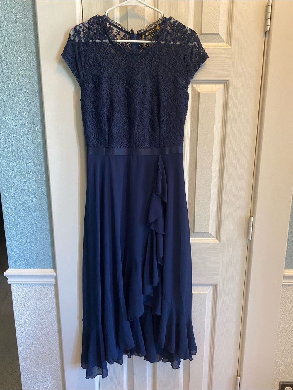 Miusol Navy Lace Bodice Ruffle-Front Midi Dress